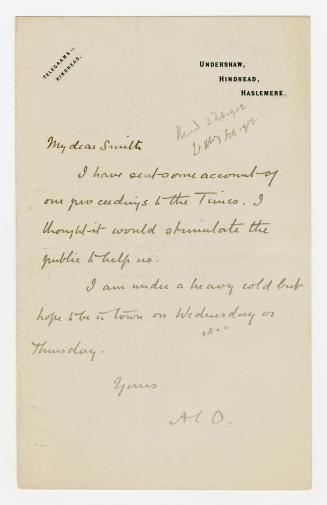 Manuscript letter in Arthur Conan Doyle's handwriting. 