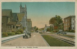 Colorized photograph of a city street with buildings on each side of it, automobile in the midd…