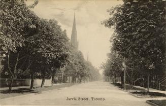 Black and white photograph of tree lined street with a church tower in the background.