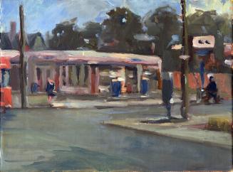 A painting of a city intersection, with a paved road and sidewalks. There is a store in the bac ...