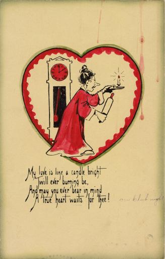 At the centre of the card, framed by a heart, is a woman wearing a long robe. She holds a candl ...