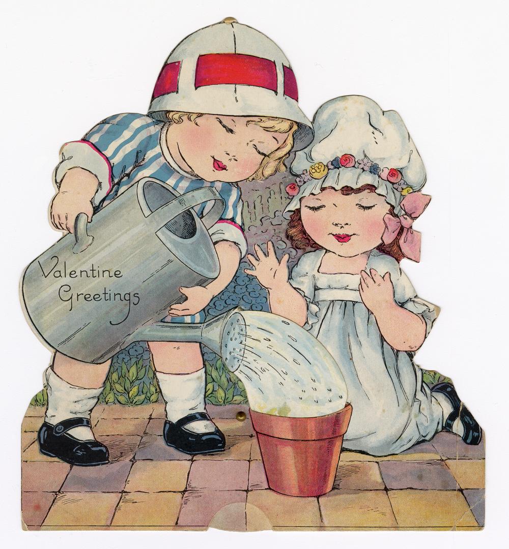 A mechanical card. A boy and girl spend time together in a garden. The boy pours water into a s ...