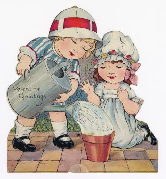 A mechanical card. A boy and girl spend time together in a garden. The boy pours water into a s ...