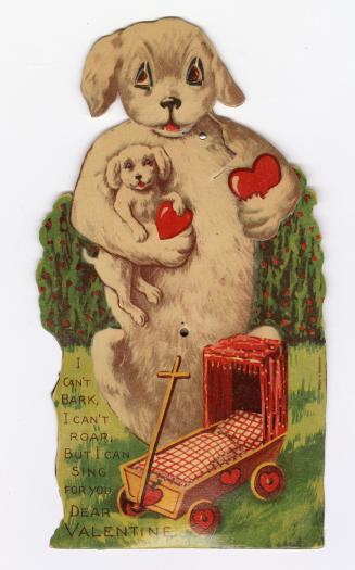 A mechanical card. A dog stands on his hind legs behind a baby carriage. In one arm he cradles  ...