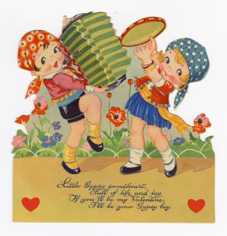 An accordion style pop-up card. Two girls in colourful outfits dance and play musical instrumen ...