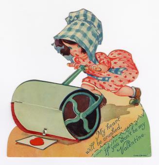 An accordion style pop-up card. A girl pushes a manual lawn roller along a path. Directly in fr…