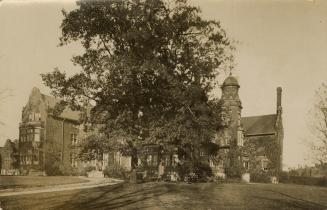 Sepia-toned photo postcard depicting a building with a large tree in front, known as Annesley H ...