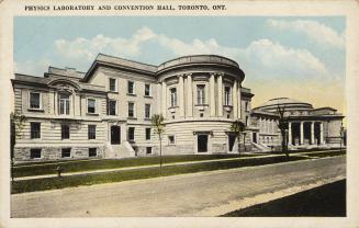 Colour photo postcard depicting a building with caption at the top stating, "Physics Laboratory ...
