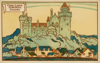 Stylized drawing of a castle with tress and houses in front of it.