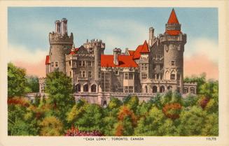 Colorized photograph of a castle with a stone wall in front of it.