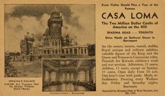 Sepia toned advertisement for visiting the tourist attraction Casa Loma with an exterior an int ...