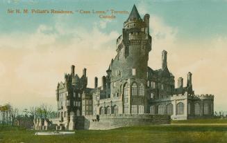 Colorized photograph of a castle with a stone wall and lawn in front of it.