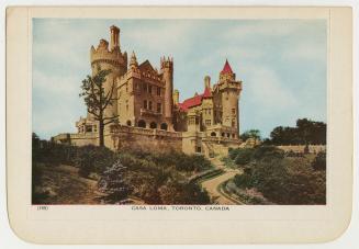 Colorized photograph drawing of a castle surrounded by a stone wall and gardens.