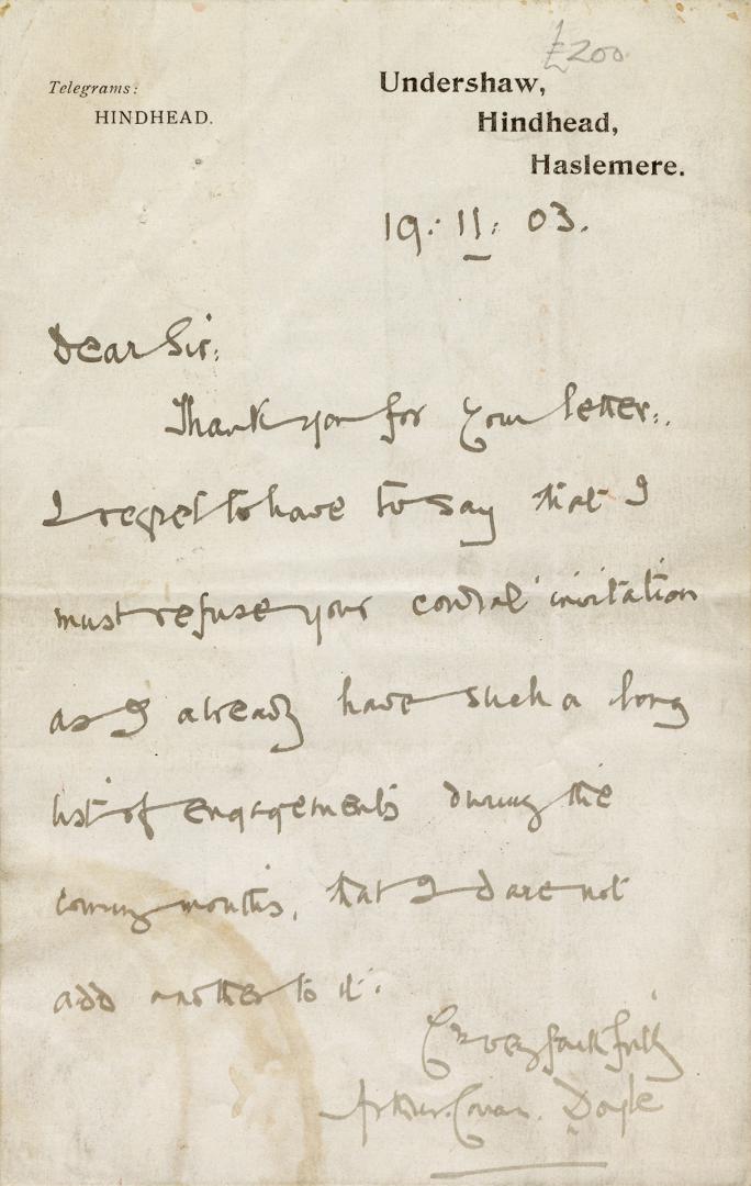 Manuscript letter in Arthur Conan Doyle's handwriting. 