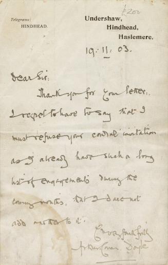 Manuscript letter in Arthur Conan Doyle's handwriting. 
