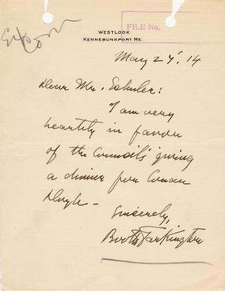 Manuscript letter in Booth Tarkington's handwriting. 