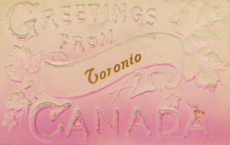 A banner and Maple leaves embossed on a pink background.