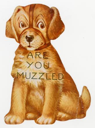 A golden-brown dog is seated and wearing a muzzle. The words "Are you muzzled" are written on t ...