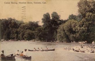 Colorized photograph of many people n canoes on a river.