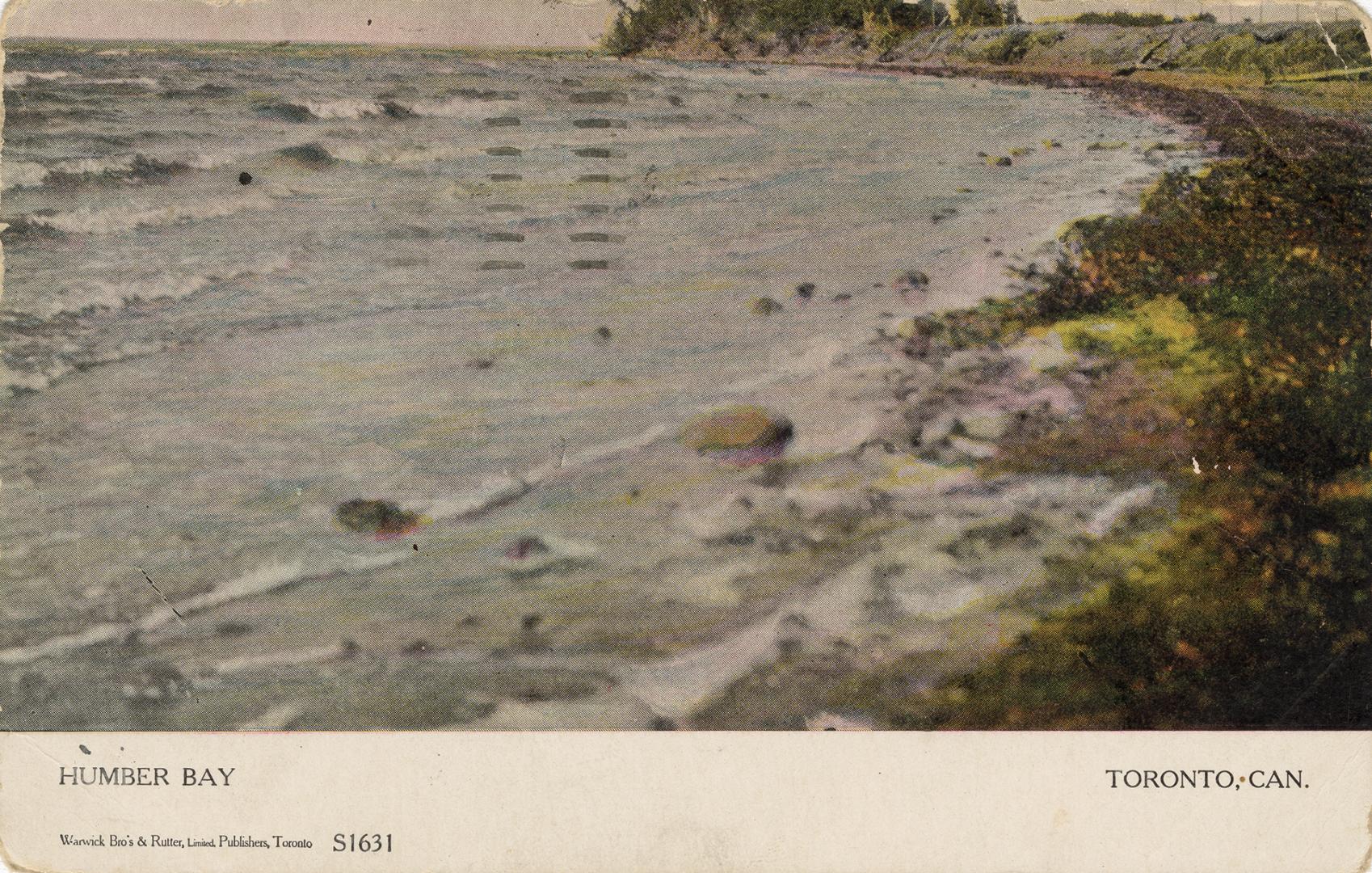 Colorized photograph of a shoreline.