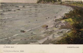 Colorized photograph of a shoreline.