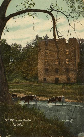 Colorized photograph of the ruins of a five story stone building.