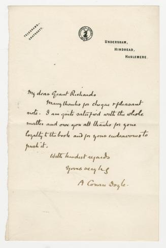 Manuscript letter in Arthur Conan Doyle's handwriting. 