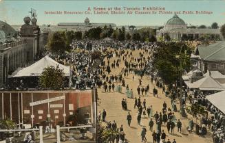 Colorized photograph a huge crowds of people walking in an outdoor exhibition ground. Taken fro ...