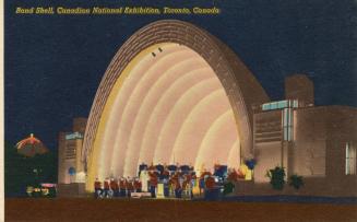 Colorized photograph of a large orchestra playing on a covered stage.