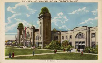 Colorized photograph of a the exterior of a large arena with two towers.