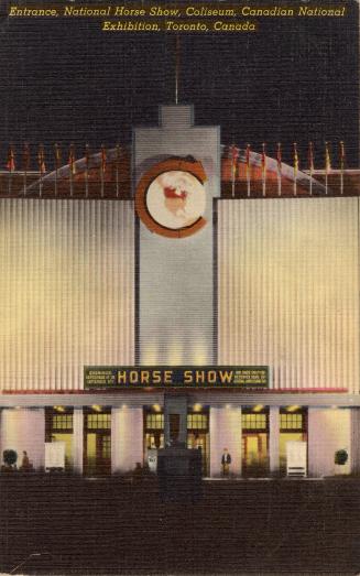 Color photograph of the front entrance to an area advertising a horse show.