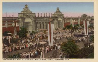 Colorized photograph of a huge crowd of people standing in front of a huge arena made of pored  ...