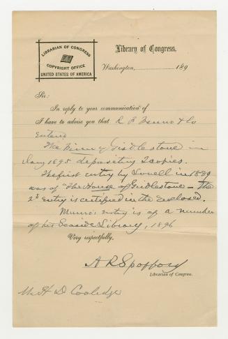 Handwritten letter on "Library of Congress" stationary in Ainsworth Rand Spofford's handwriting ...
