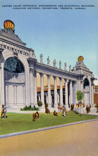 Colorized photograph of a people and card on a road in front of a huge arena with towers and th ...