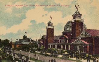 Colorized photograph of roadway in front of a very large structure with a central glazed dome a ...