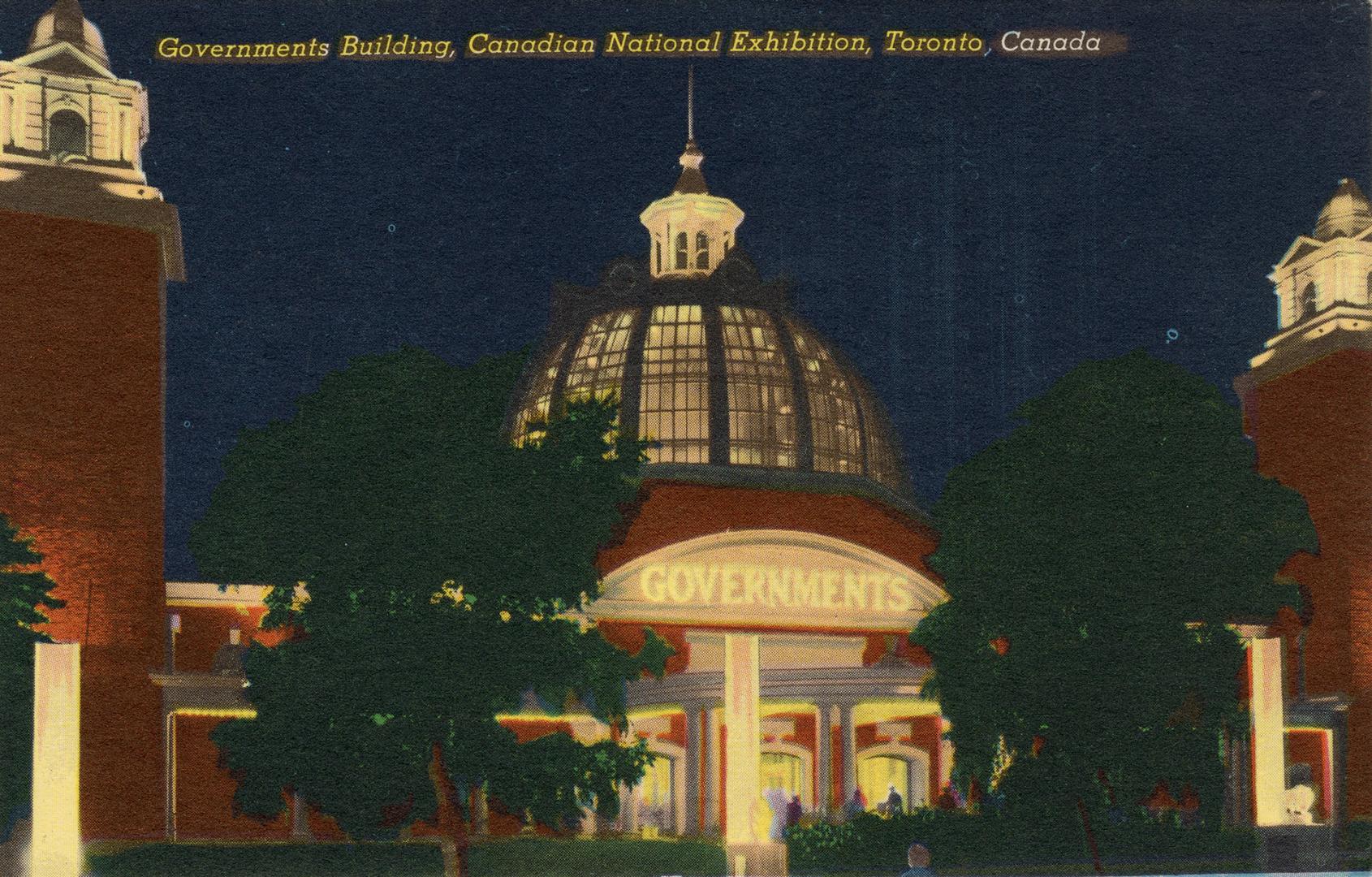 Colorized photograph of a domed arena at nighttime.