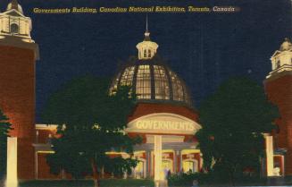 Colorized photograph of a domed arena at nighttime.