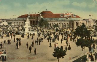 Colorized photograph of crowds of people waling on roads in front of large gates and arenas. La ...