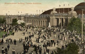 Colorized photograph of crowds of people waling on roads and lawns in front of large,, poured c ...