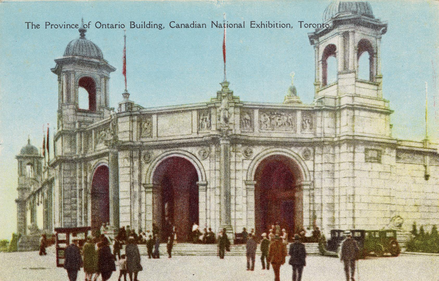 Colorized photograph of a people approaching a large, poured concrete building.