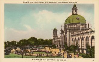 Colorized photograph of a large domed building with towers. People walking on pathways in front ...