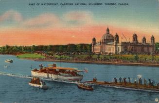 Colorized photograph of a body of water with a huge arena type, domed building on the shoreline ...