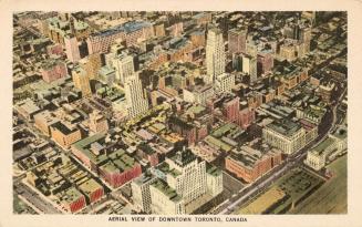 Colorized photograph of an aerial view of a large city downtown area with skyscrapers.