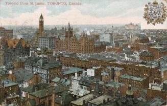 Colorized photograph of an aerial view of a large city downtown area with skyscrapers. There is ...