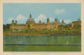Colorized photograph of a large beaux-arts style building with domes roof on the opposite side  ...