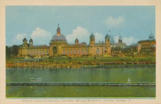 Colorized photograph of a large beaux-arts style building with domes roof on the opposite side …