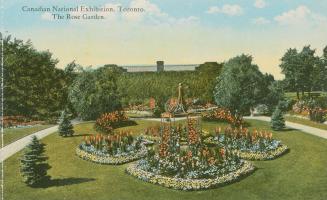 Colorized photograph of a large beaux-arts style building with domes roof on the opposite side …