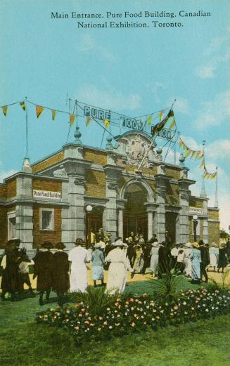 Colorized photograph of a a crowd of people walking into a large building of Italianate design.