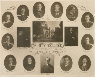 A group portrait, with oval and square-shaped photographs of individual persons arranged around…