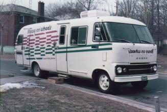 A parked bookmobile.